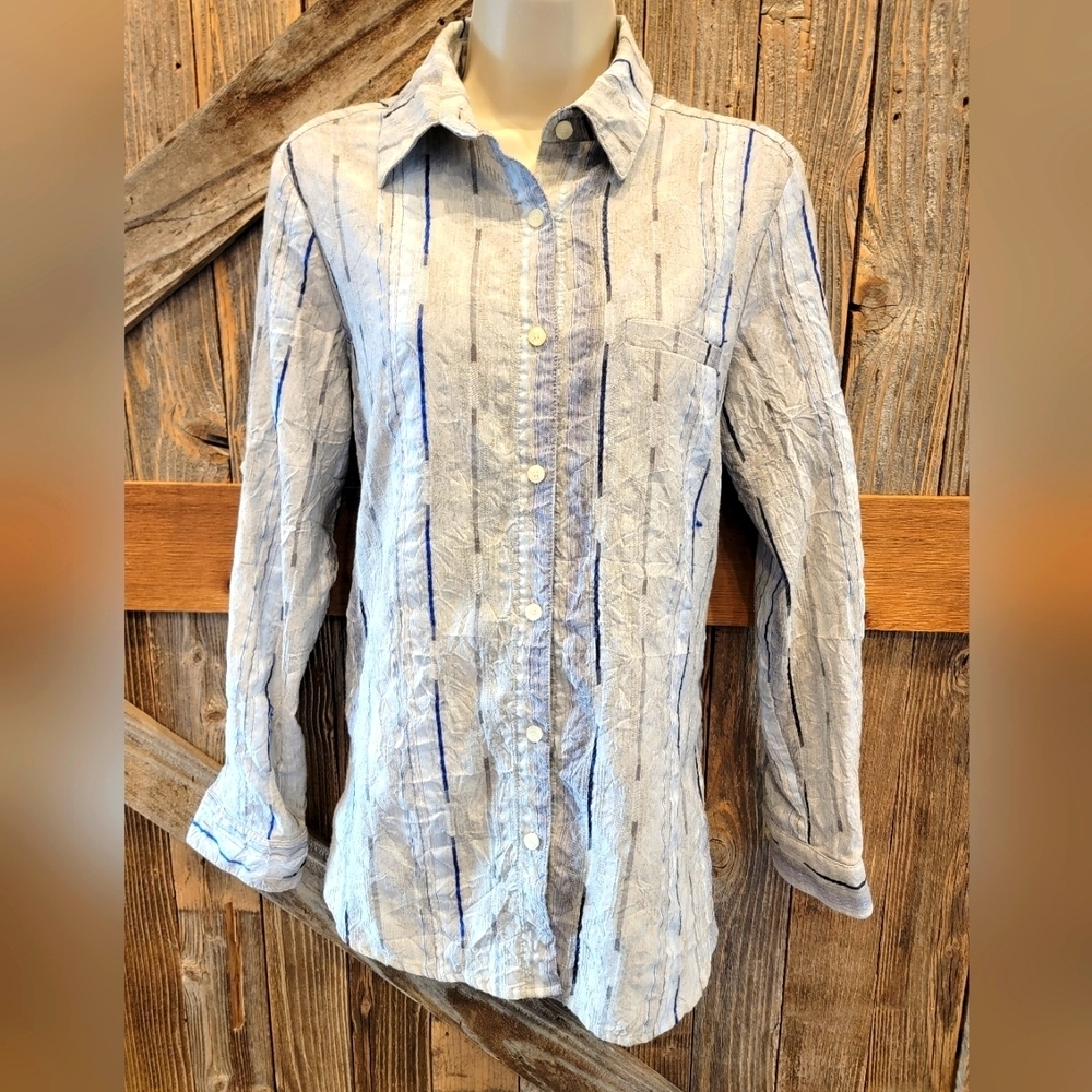 Koch medium M Blue Textured Stripe Lagenlook Button Up Shirt Top USA